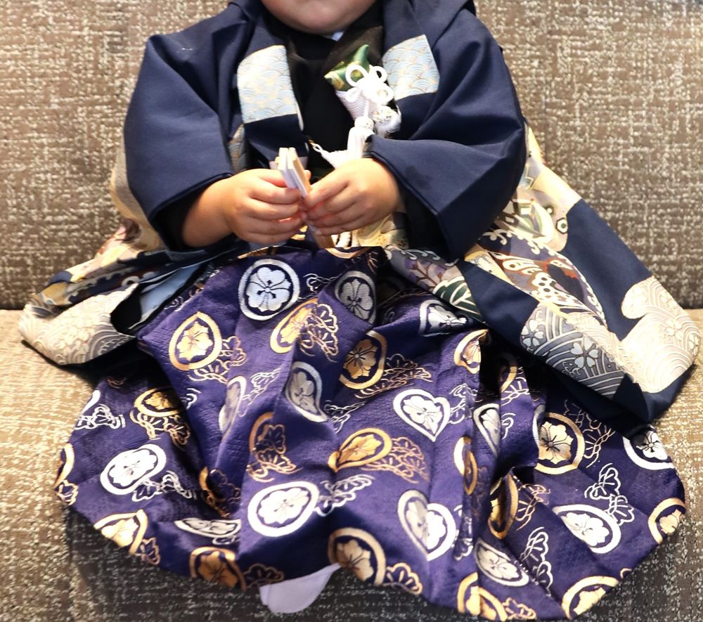 Navy boy's haori with wave collar and purple crest-pattern hakama