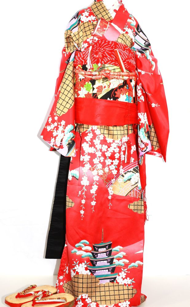 Red children's kimono with a Kyoto five-story pagoda and weeping cherry blossoms
