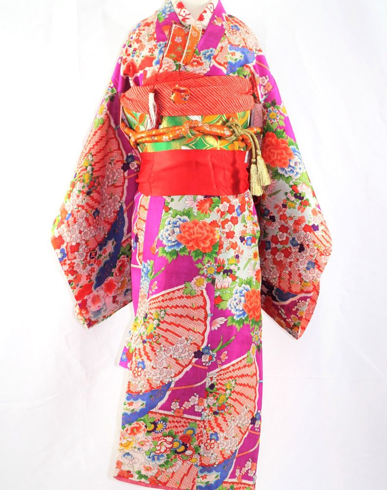 Magenta children's kimono with fans and peonies