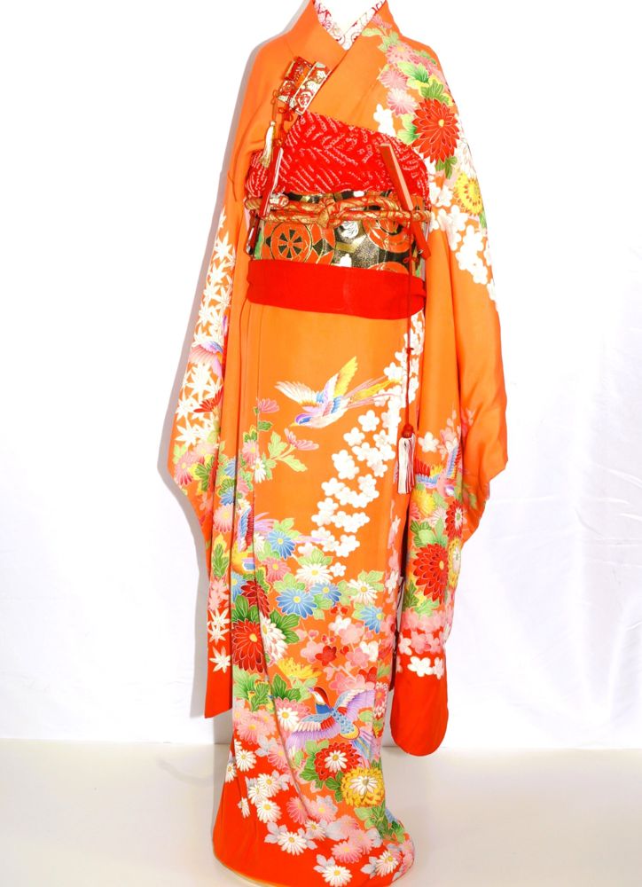Orange children's kimono with birds and chrysanthemums