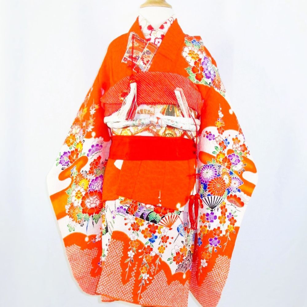 Orange children's kimono with fans and peonies