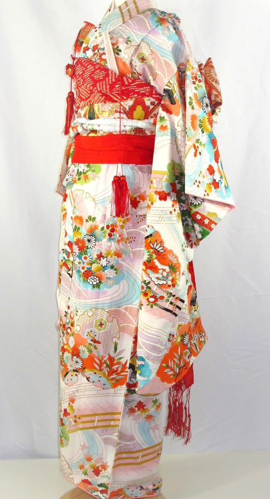 Pastel children's kimono with flowing water and bridge pattern