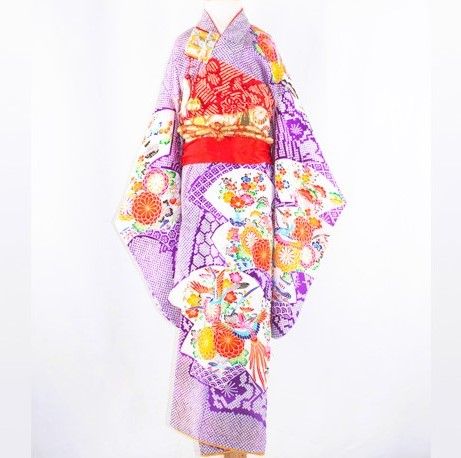 Purple shibori children's kimono with fans and chrysanthemums