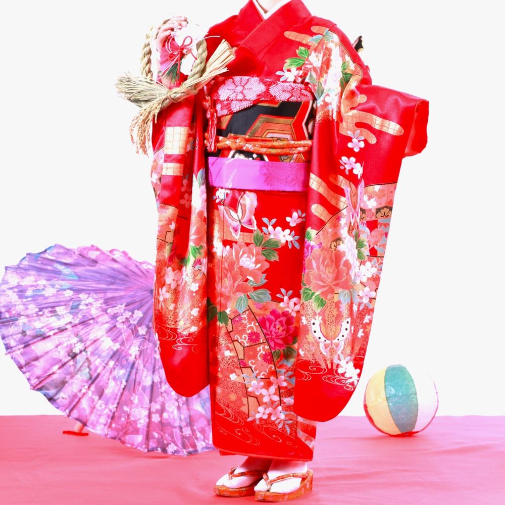 Red children's kimono with peonies and butterflies